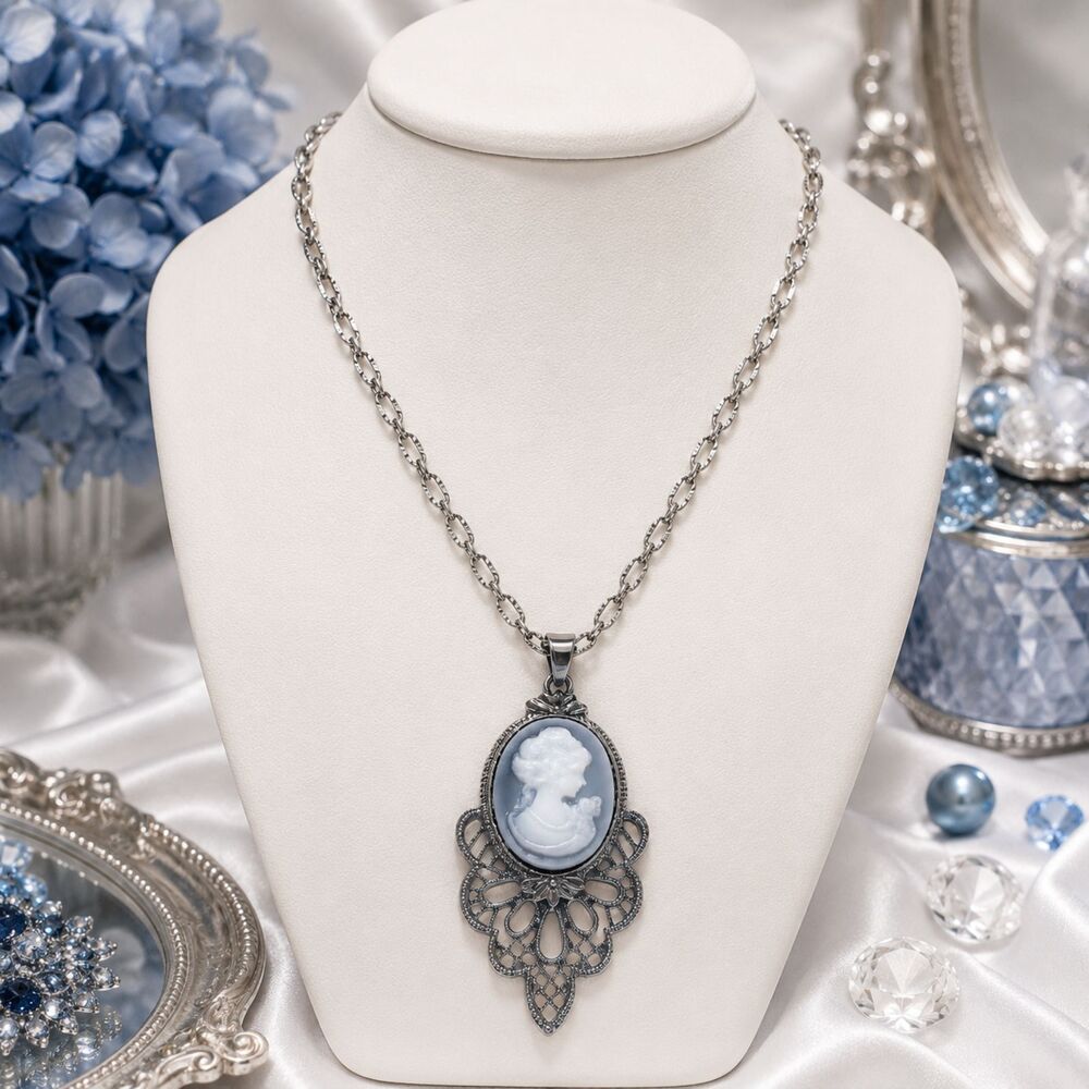 Vintage Silver Tone Blue Cameo Pendant Necklace Ornate Filigree Statement 24"